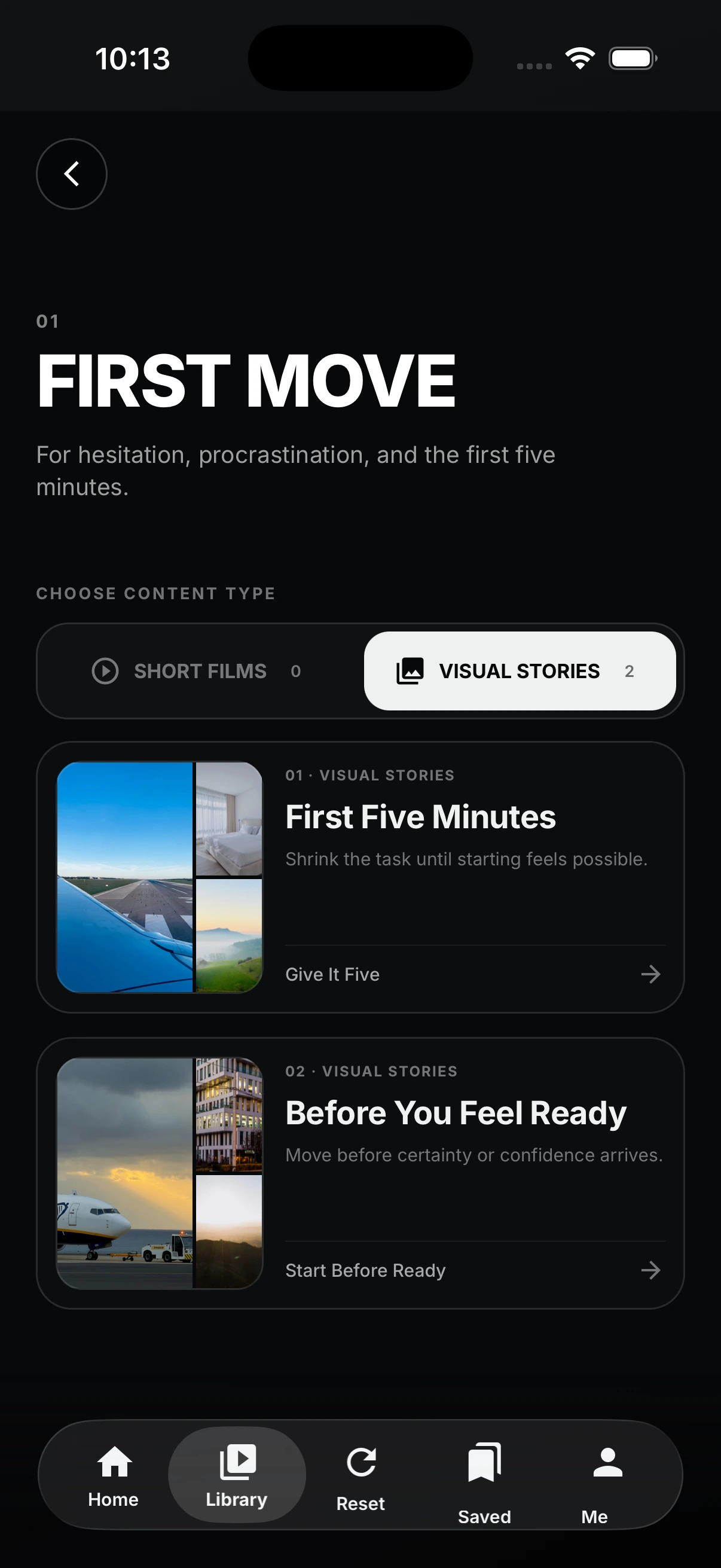 AUREM 英文内容库 First Move 主题页,展示 First Five Minutes 等视觉故事。
